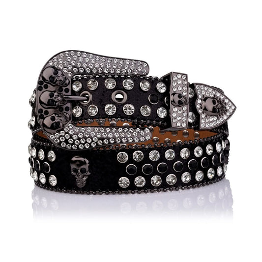 Skull Buckle Black Strap with Black and Crystal Studs Rhinestone Belt-Belts-The Rhinestone Belts