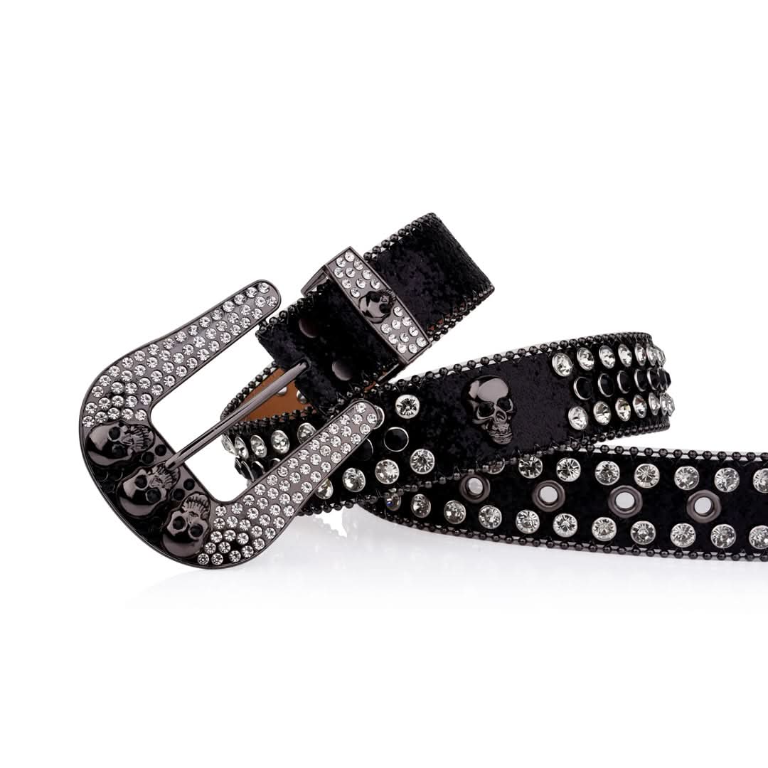 Skull Buckle Black Strap with Black and Crystal Studs Rhinestone Belt-Belts-The Rhinestone Belts