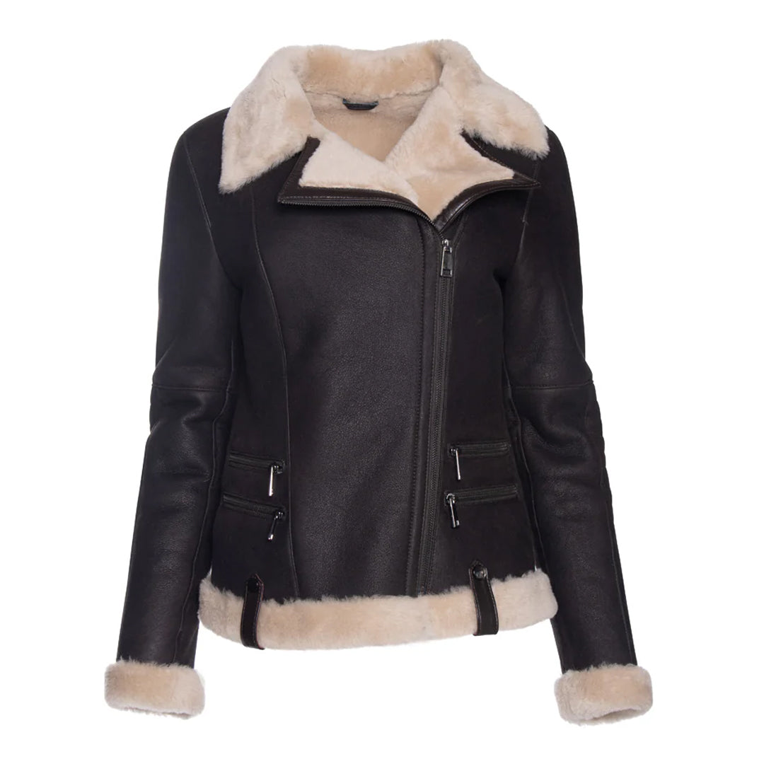 Women's Vanilla Faux Fur Merino Shearling Brown Leather Jacket-Women Shearling Jacket-Wayne Leather Jackets