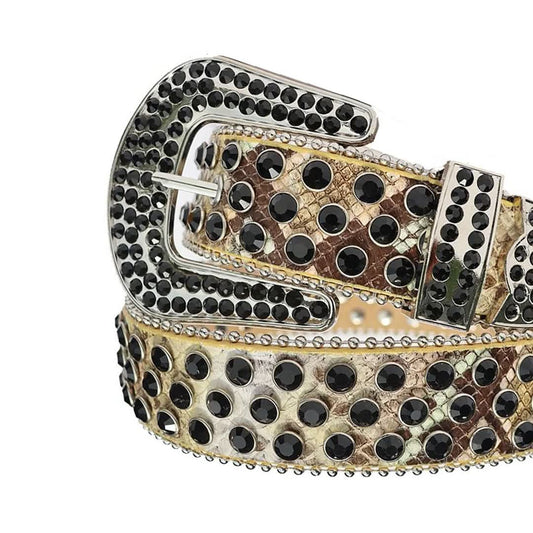 Black Rhinestones with Golden Snake Texture Strap Cowgirl Rhinestone Belt-Belts-The Rhinestone Belts