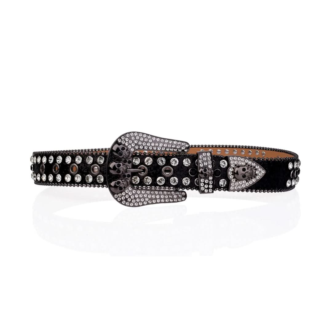 Skull Buckle Black Strap with Black and Crystal Studs Rhinestone Belt-Belts-The Rhinestone Belts