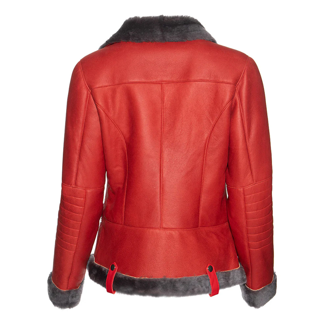 Women's Spanish Merino Faux Shearling Red Leather Jacket-Women Shearling Jacket-Wayne Leather Jackets