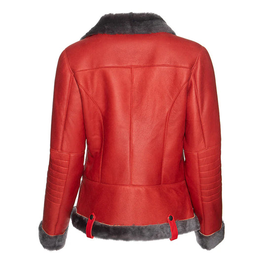 Women's Spanish Merino Faux Shearling Red Leather Jacket-Women Shearling Jacket-Wayne Leather Jackets