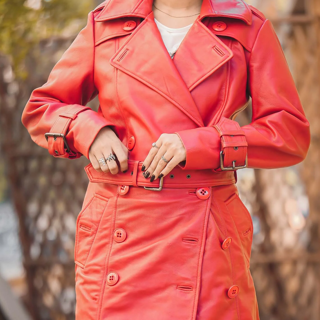 Women's Red Double Breasted Leather Trench Coat