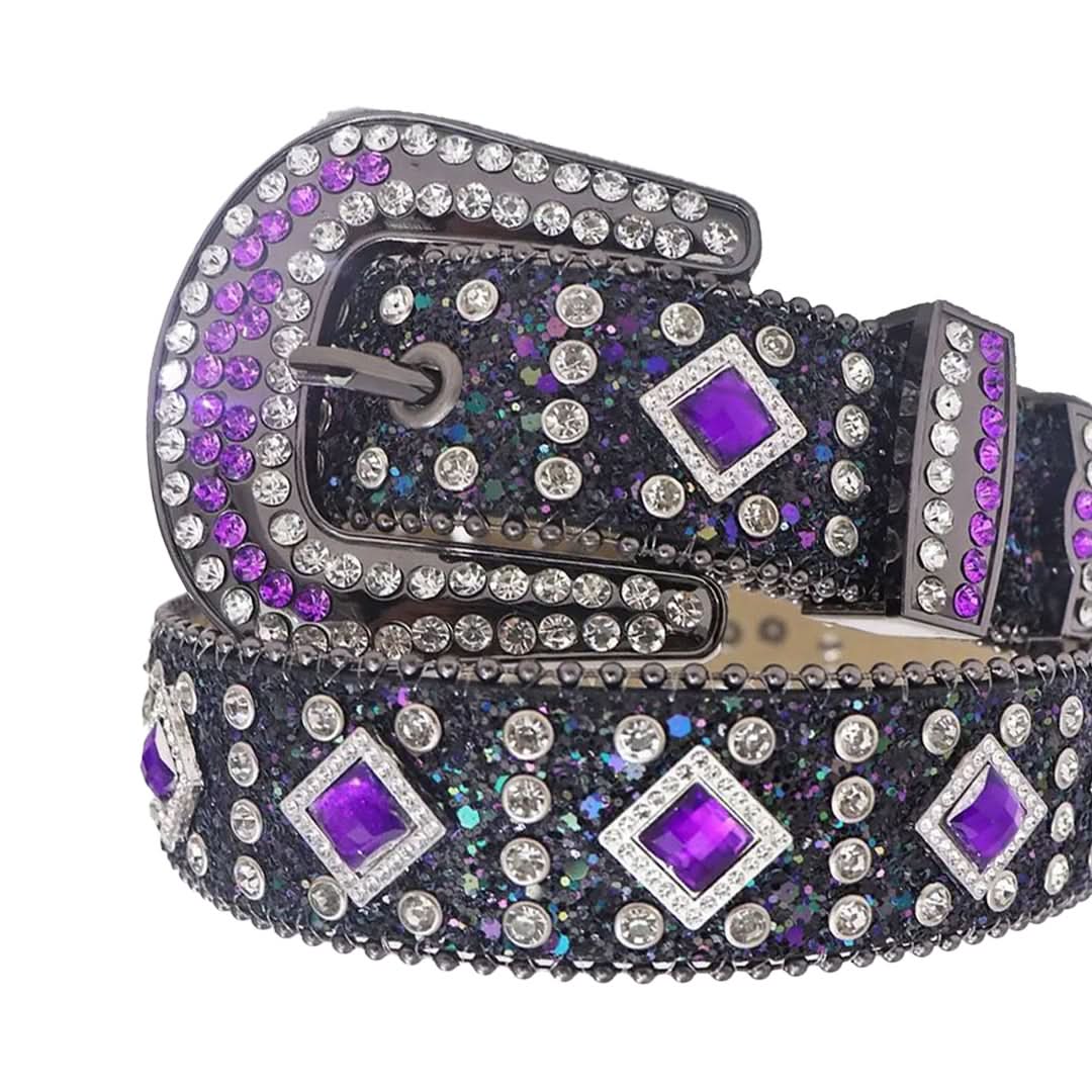 Purple Sapphire Rhinestones with Black Glitter Strap Rhinestone Belt-Belts-The Rhinestone Belts