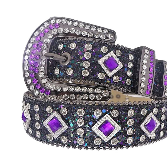 Purple Sapphire Rhinestones with Black Glitter Strap Rhinestone Belt-Belts-The Rhinestone Belts