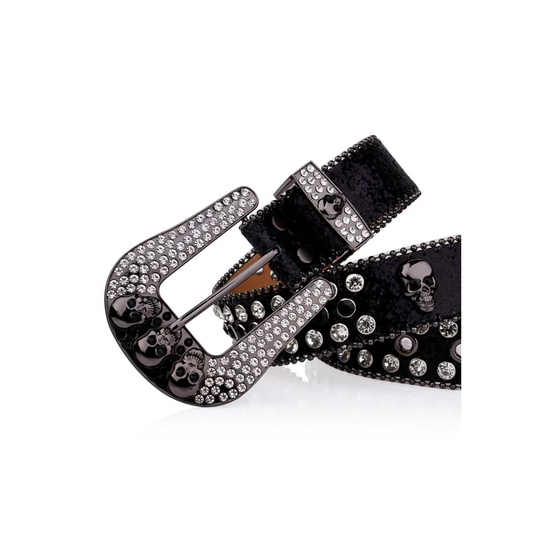 Skull Buckle Black Strap with Black and Crystal Studs Rhinestone Belt-Belts-The Rhinestone Belts