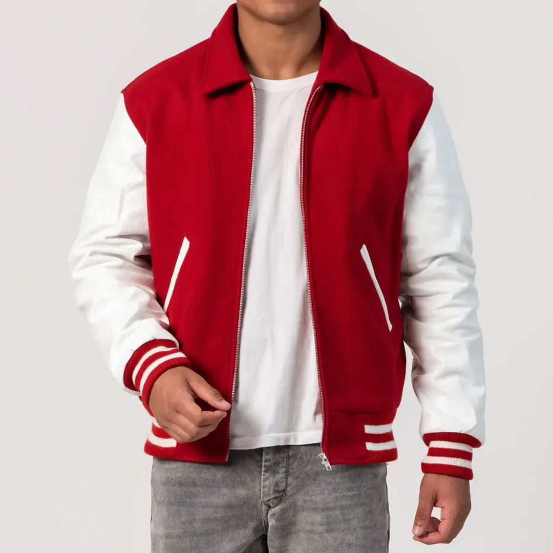 Scarlet Wool Body & White Leather Sleeves Byron Collar Varsity Jacket