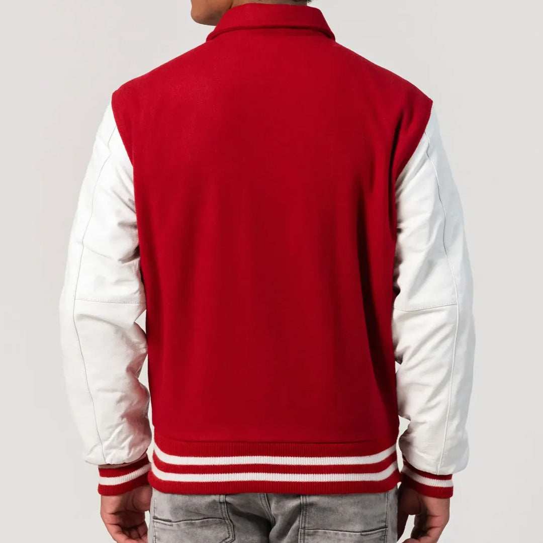 Scarlet Wool Body & White Leather Sleeves Byron Collar Varsity Jacket