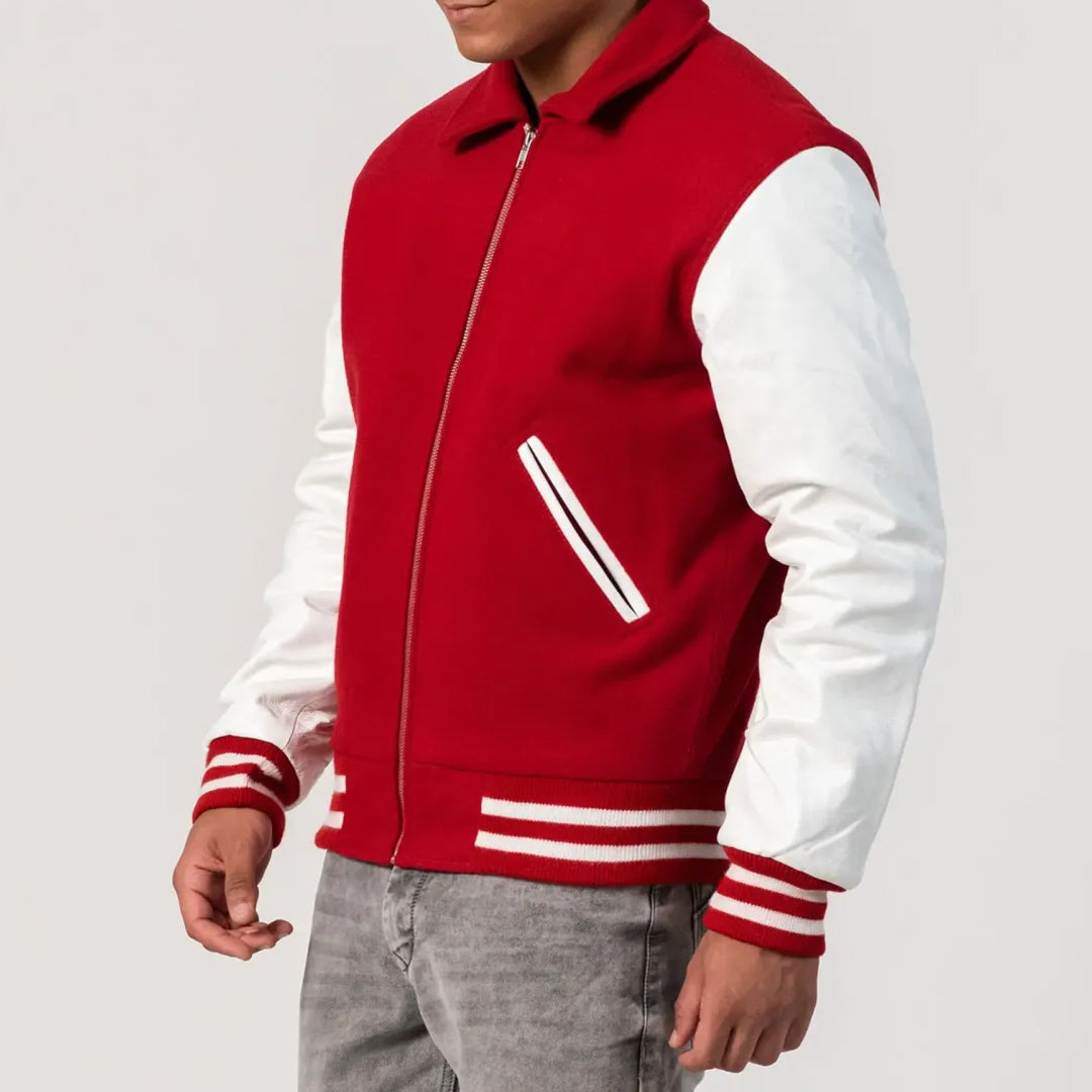 Scarlet Wool Body & White Leather Sleeves Byron Collar Varsity Jacket