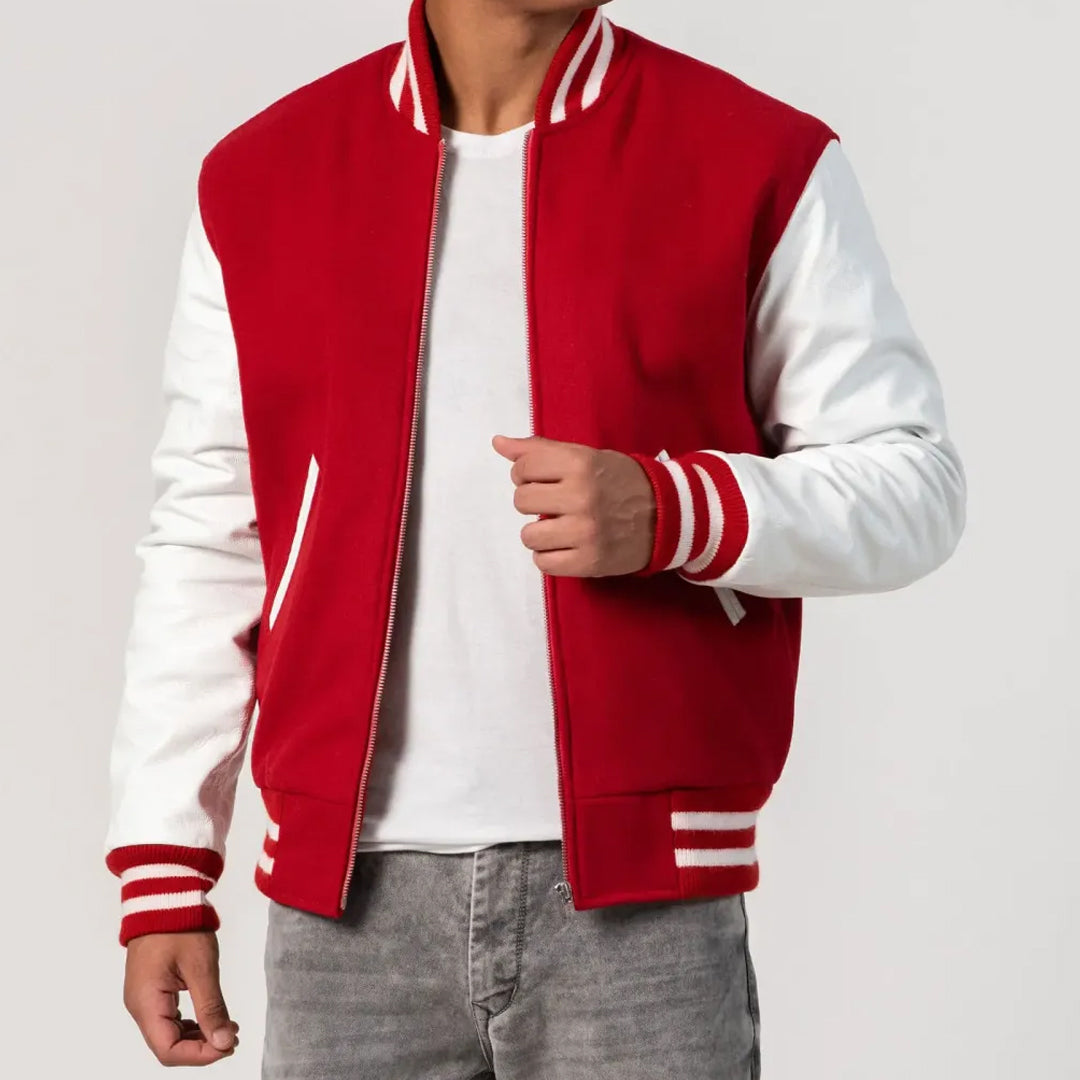 Scarlet Wool Body & White Leather Sleeves Zipper Varsity Jacket