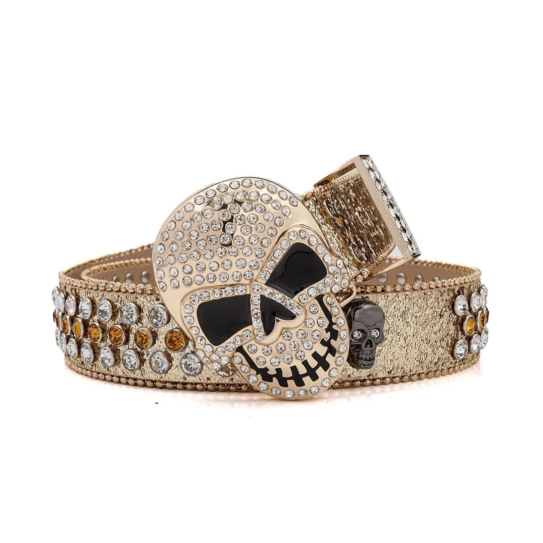 Skull Buckle Shiny Gold Strap with Gold and Crystal Studs Rhinestone Belt-Belts-The Rhinestone Belts