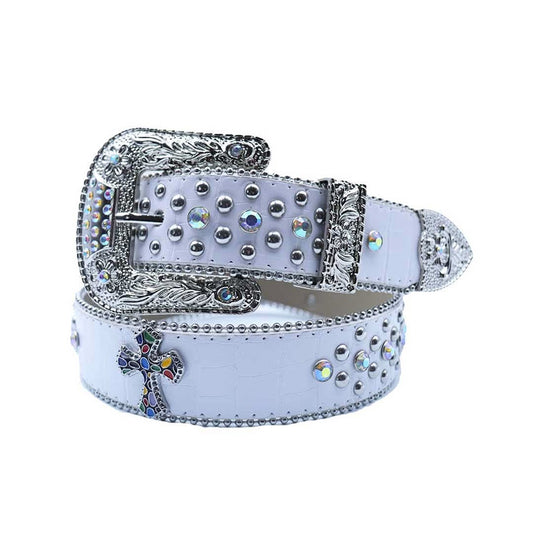 Engraved Buckle Cross White Strap with Multi and Metal Studs Rhinestone Belt-Belts-The Rhinestone Belts