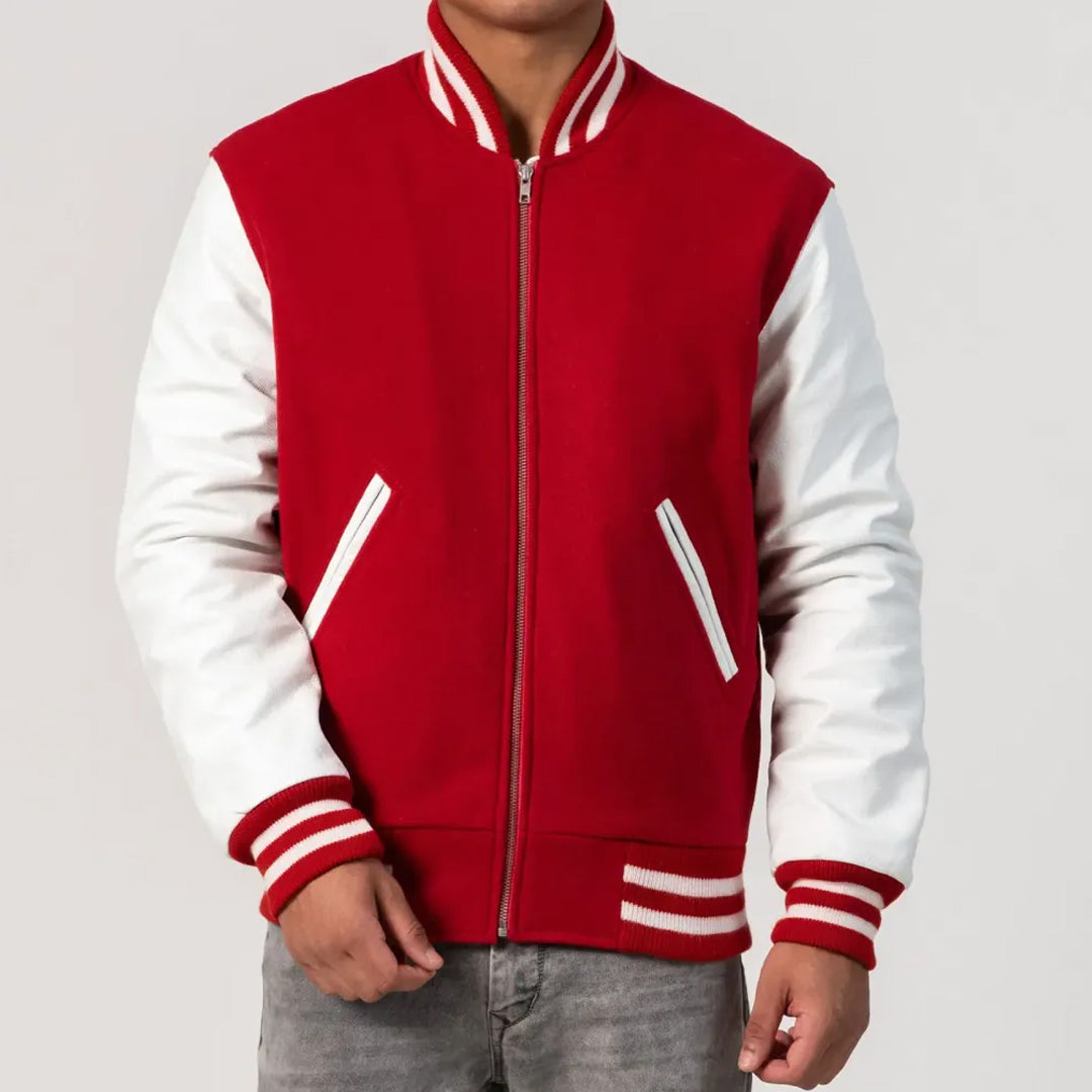 Scarlet Wool Body & White Leather Sleeves Zipper Varsity Jacket