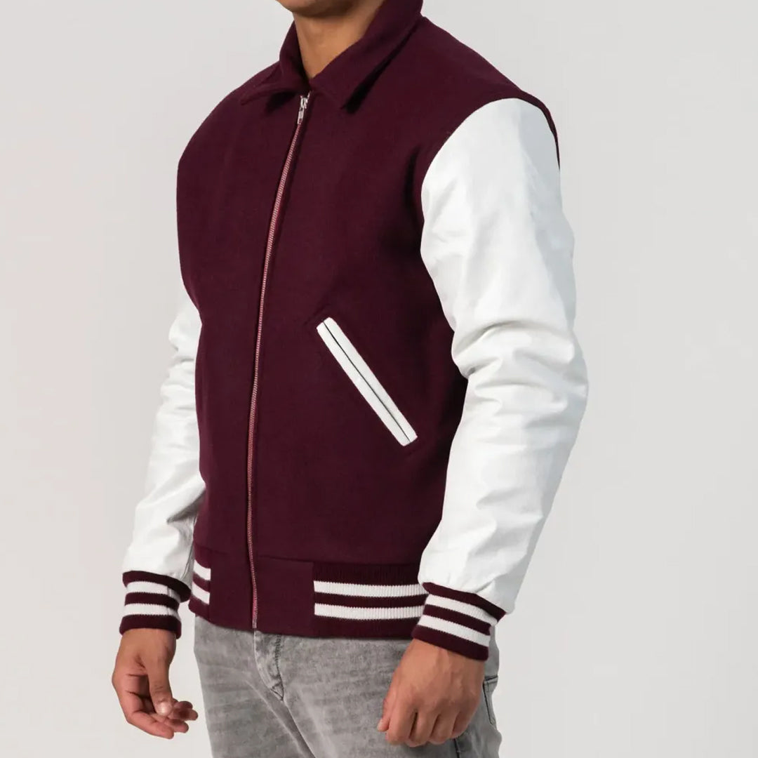 Maroon Body & White Sleeves Byron Collar & Zipper Varsity Jacket