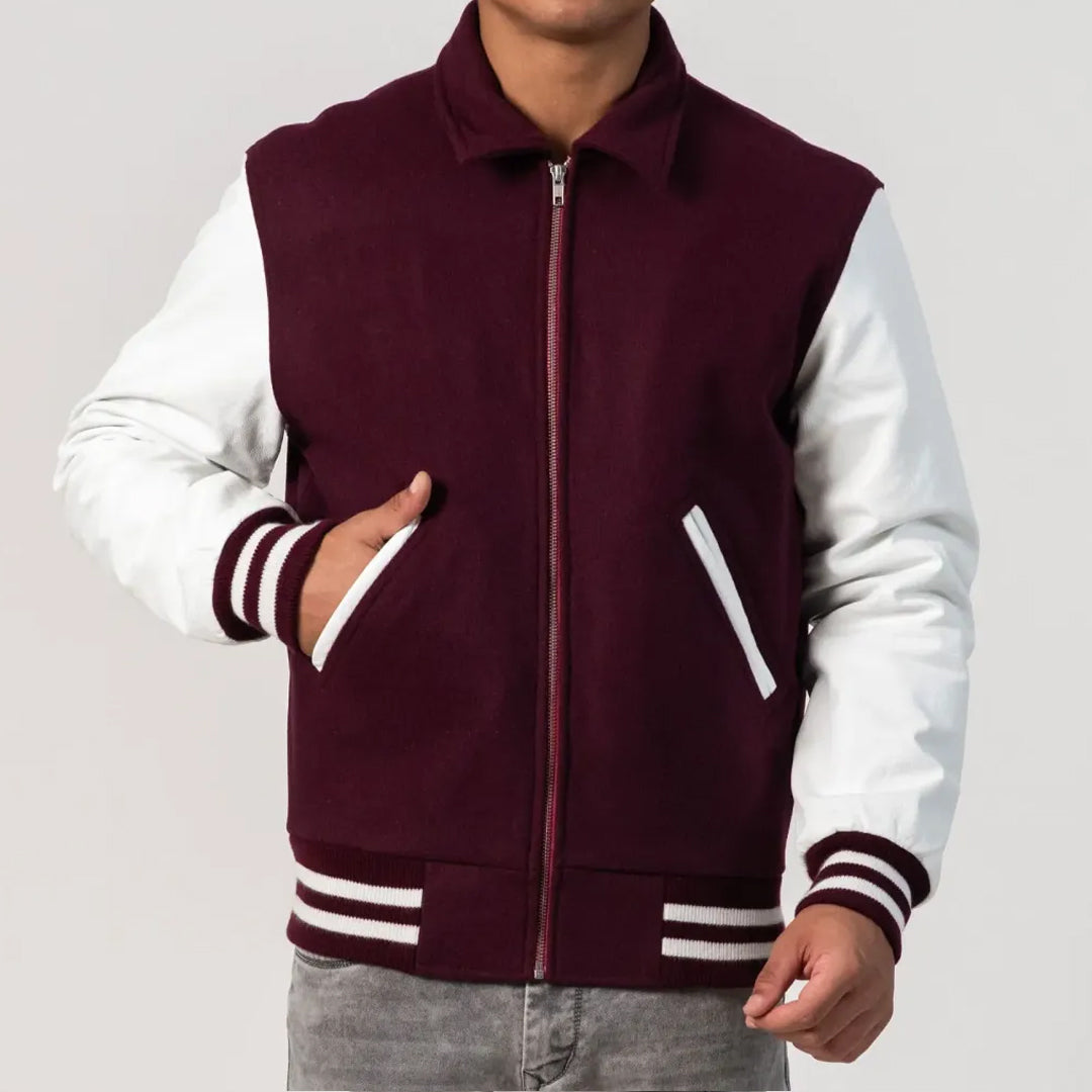 Maroon Body & White Sleeves Byron Collar & Zipper Varsity Jacket