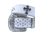 Engraved Buckle Cross White Strap with Multi and Metal Studs Rhinestone Belt-Belts-The Rhinestone Belts