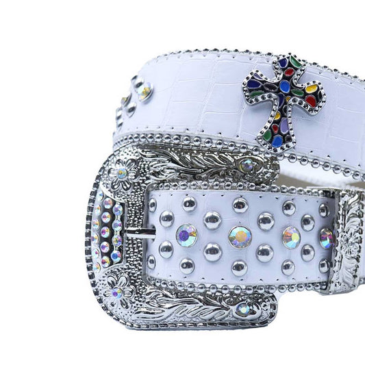 Engraved Buckle Cross White Strap with Multi and Metal Studs Rhinestone Belt-Belts-The Rhinestone Belts