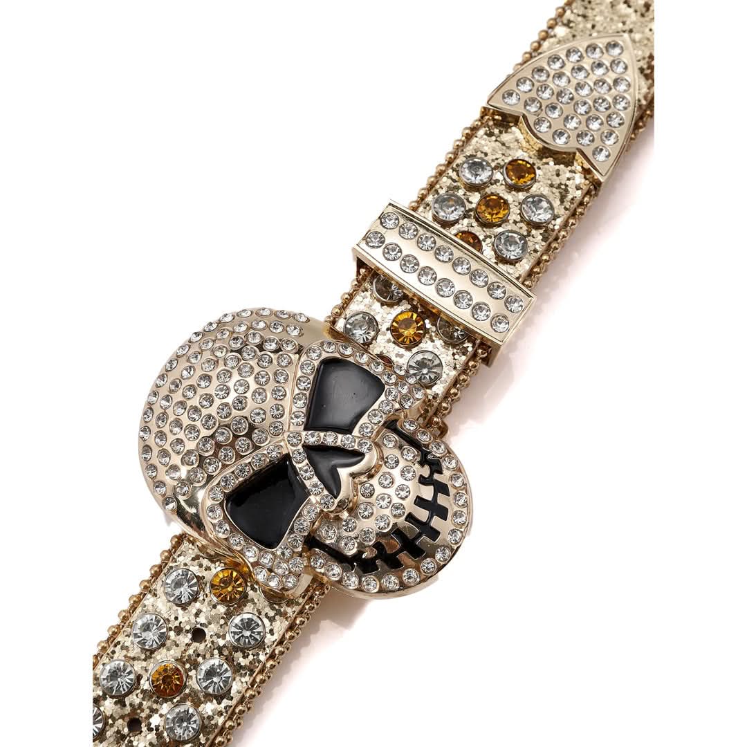 Skull Buckle Shiny Gold Strap with Gold and Crystal Studs Rhinestone Belt-Belts-The Rhinestone Belts