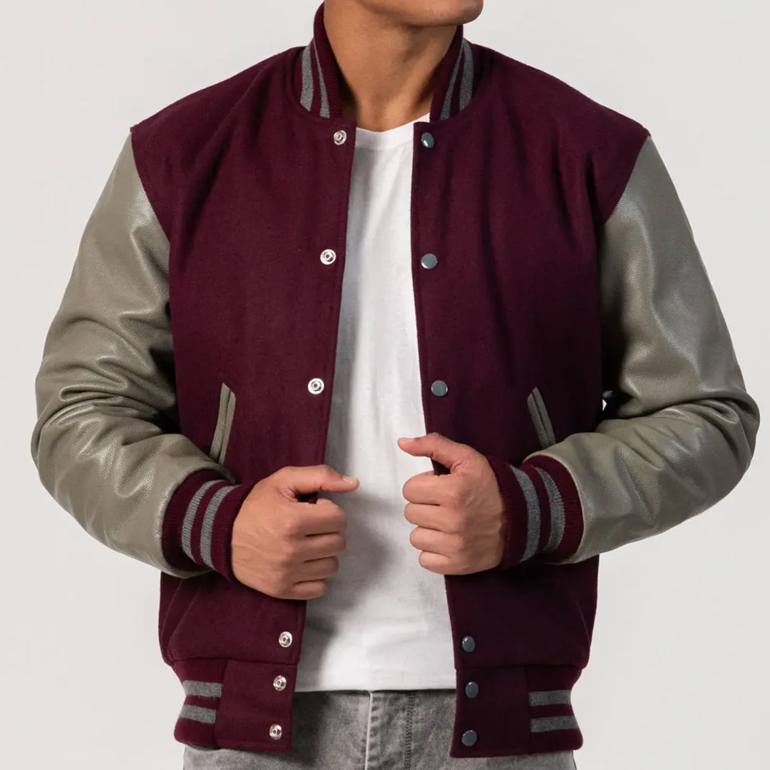 Maroon Body & Grey Leather Sleeves Varsity Jacket