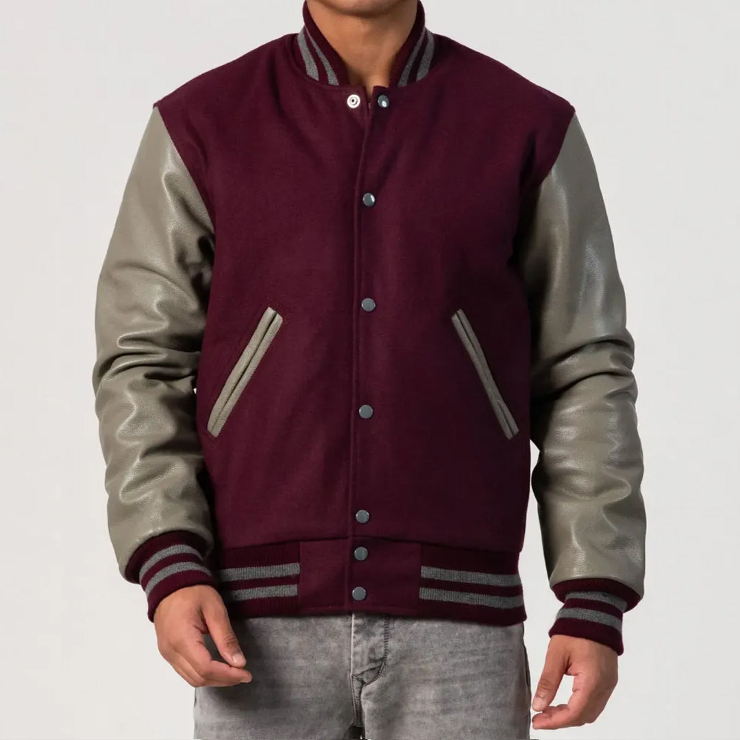 Maroon Body & Grey Leather Sleeves Varsity Jacket