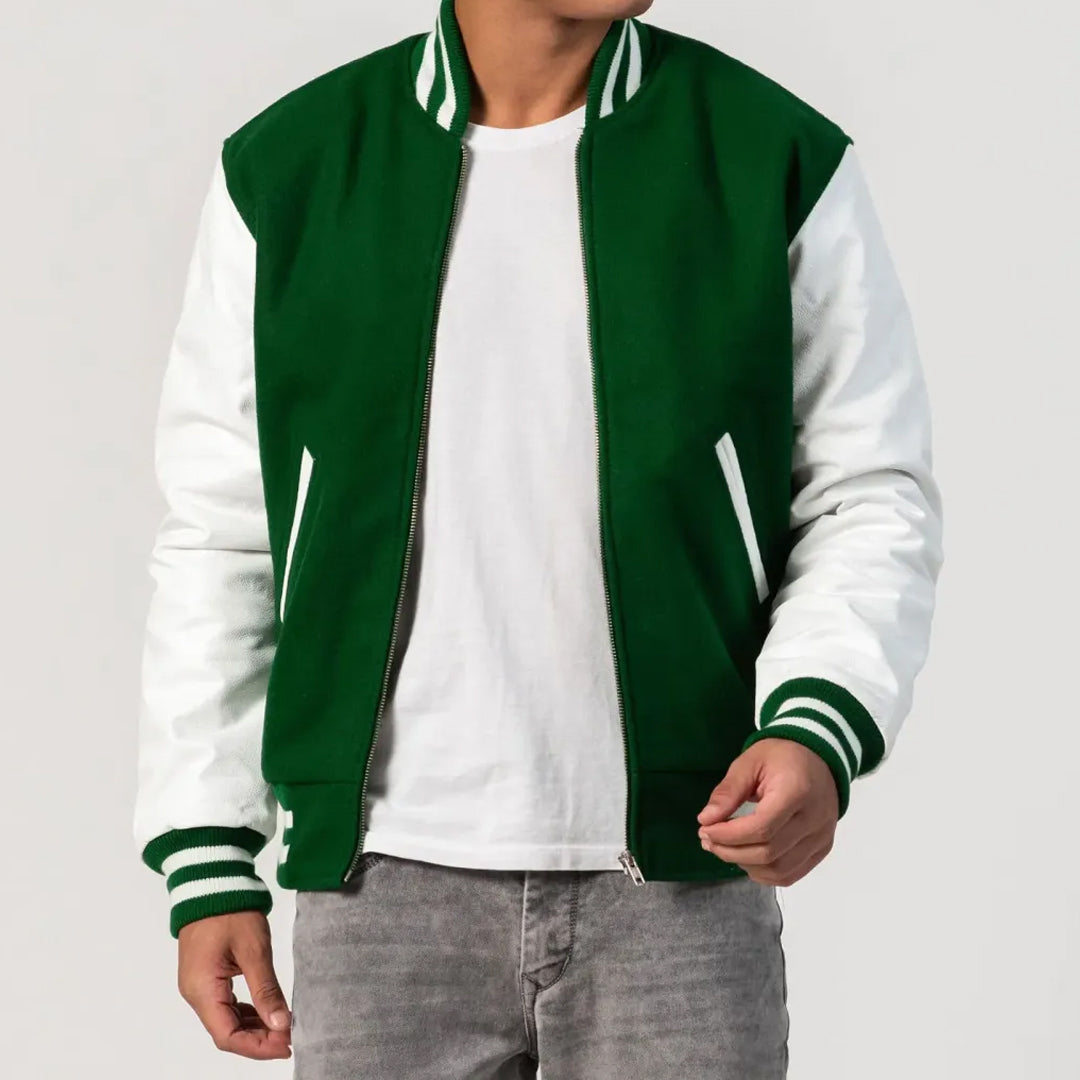 Kelly Green Wool Body & White Leather Sleeves Zipper Varsity Jacket