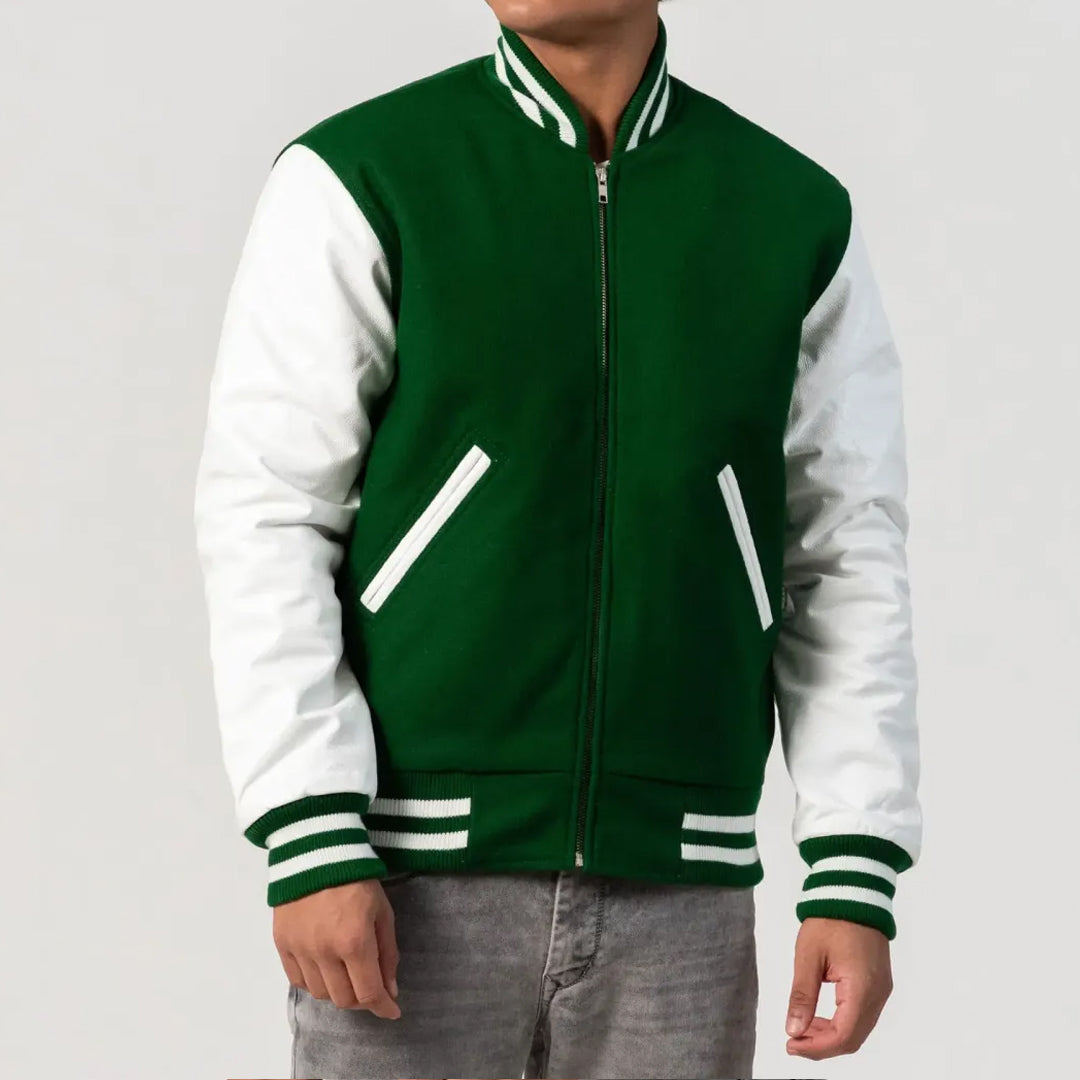 Kelly Green Wool Body & White Leather Sleeves Zipper Varsity Jacket