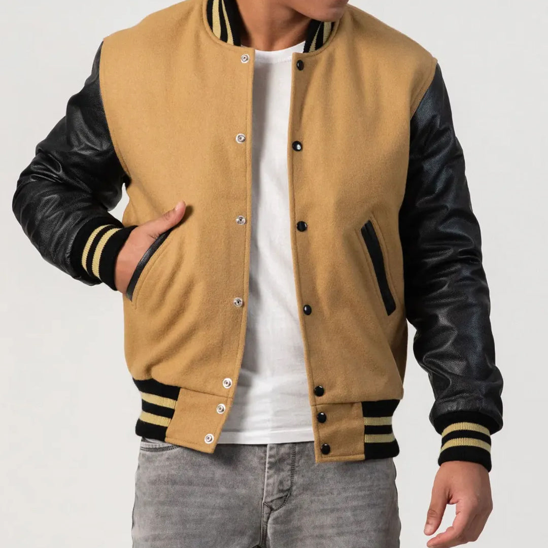 Camel Wool Body & Black Leather Sleeves Varsity Jacket