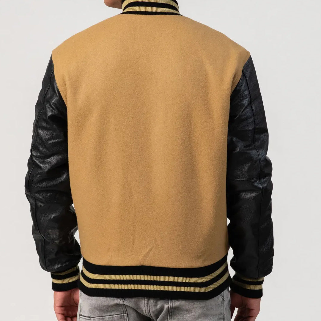 Camel Wool Body & Black Leather Sleeves Varsity Jacket