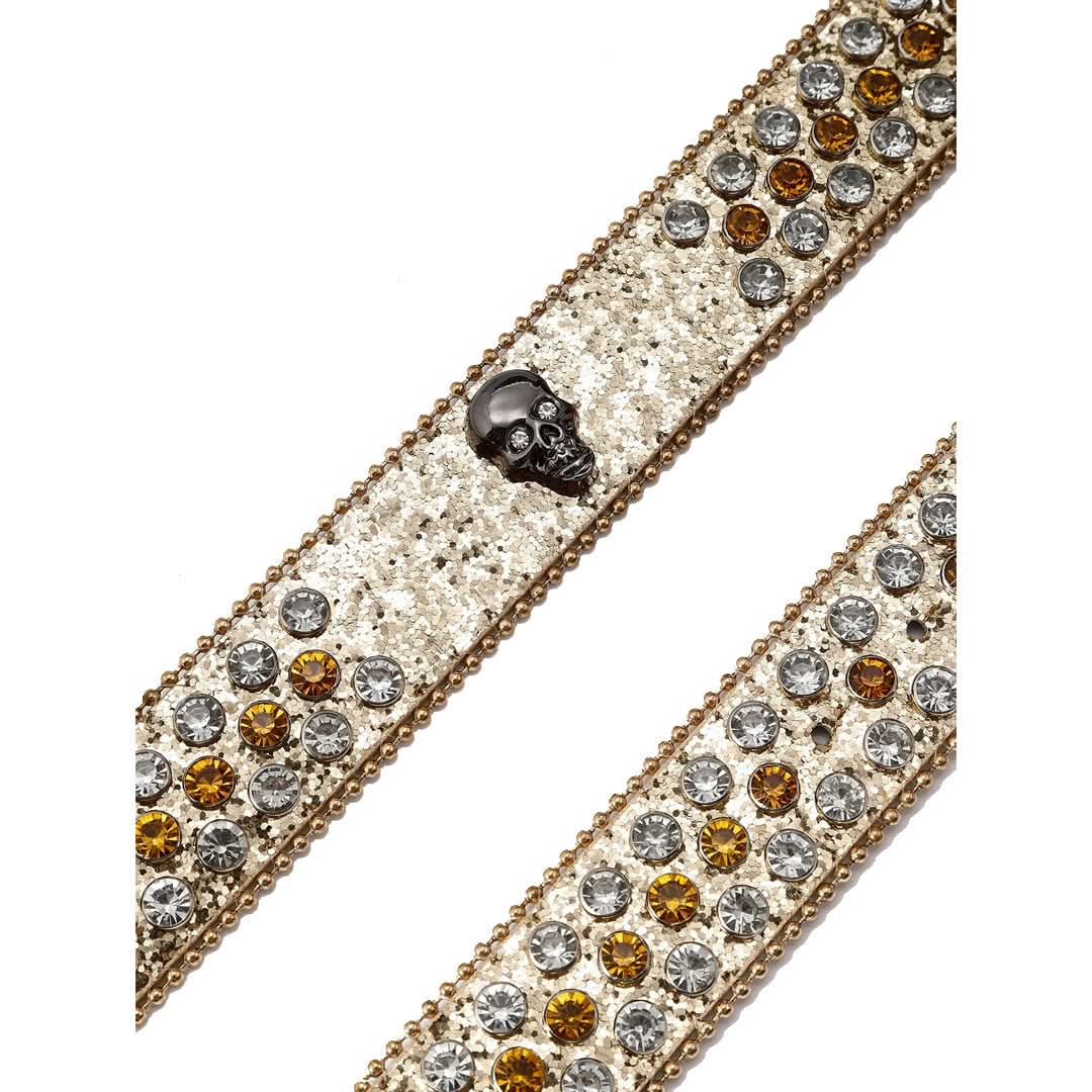 Skull Buckle Shiny Gold Strap with Gold and Crystal Studs Rhinestone Belt-Belts-The Rhinestone Belts