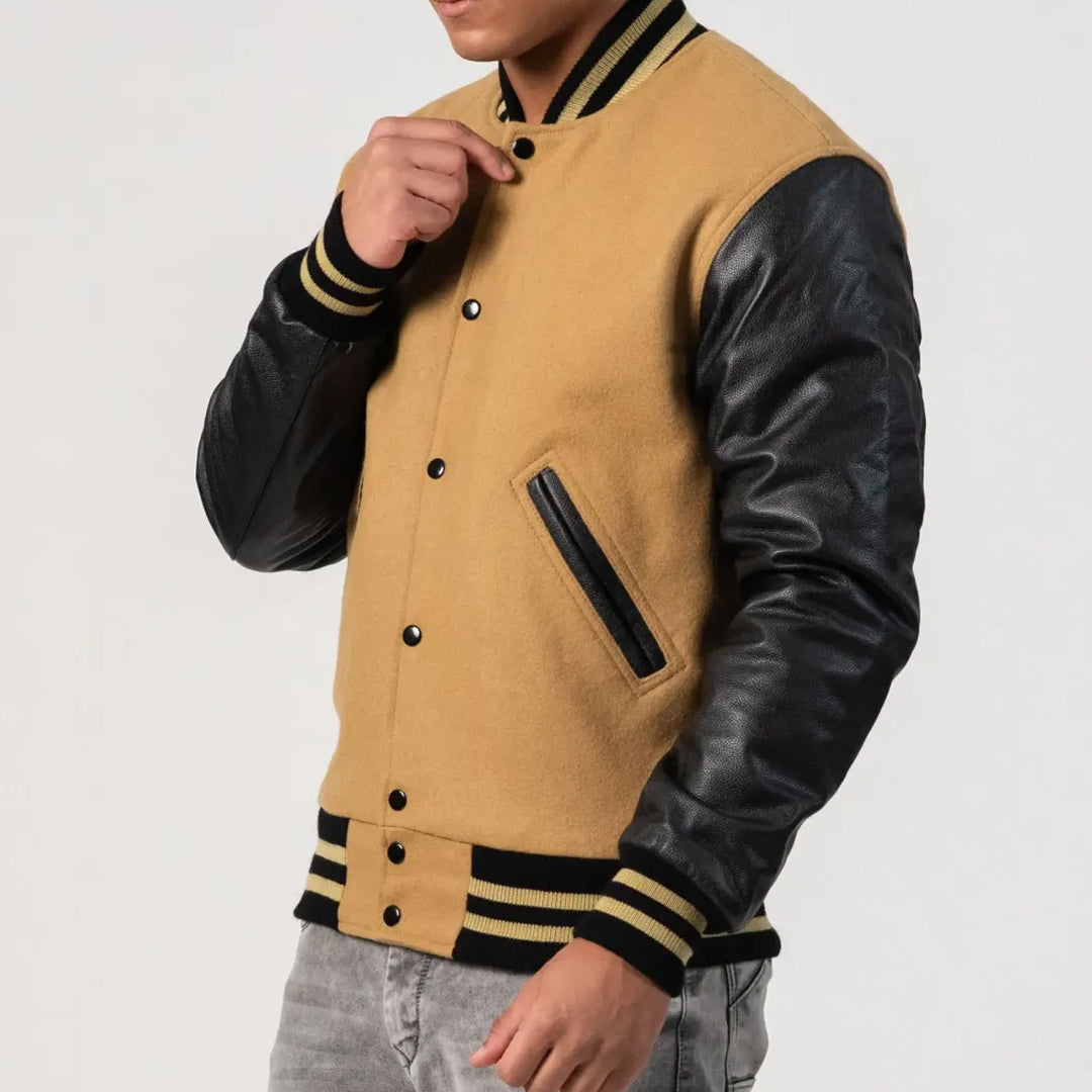 Camel Wool Body & Black Leather Sleeves Varsity Jacket