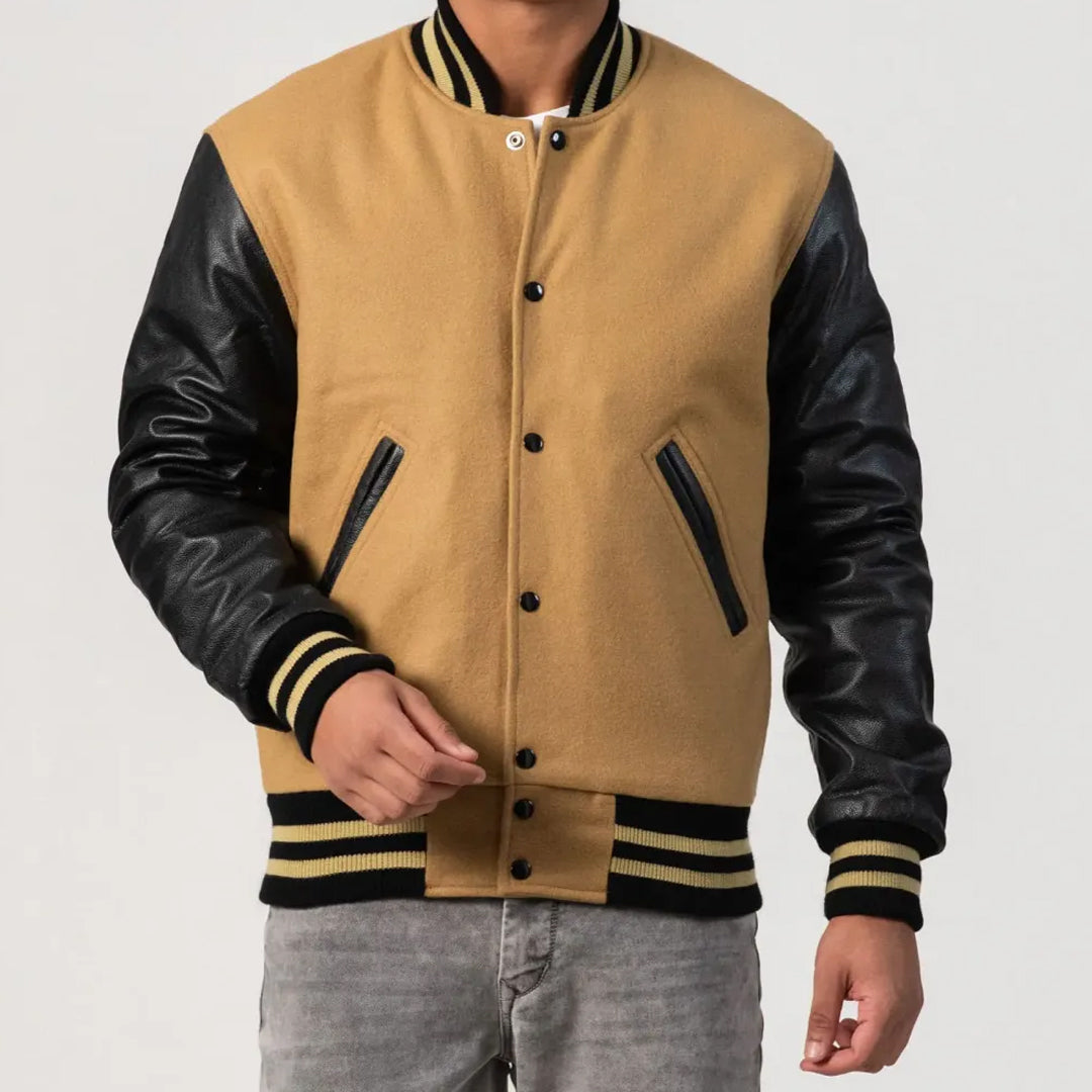 Camel Wool Body & Black Leather Sleeves Varsity Jacket