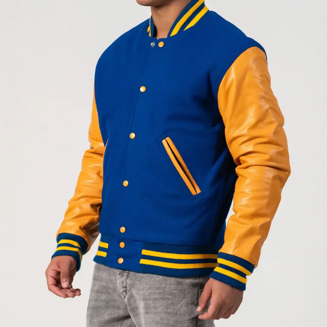 Bright Royal Body & Bright Gold Leather Sleeves Varsity Jacket