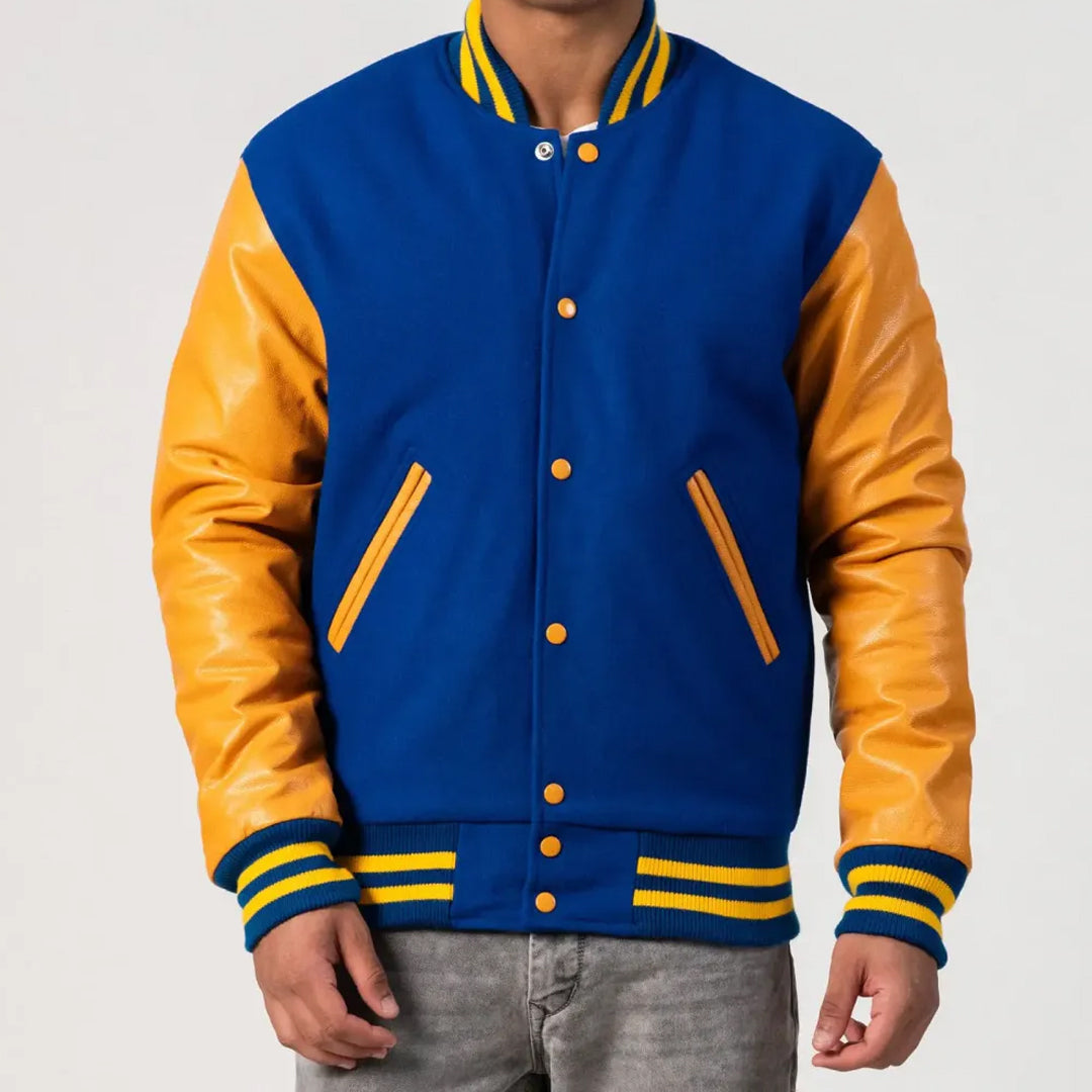 Bright Royal Body & Bright Gold Leather Sleeves Varsity Jacket