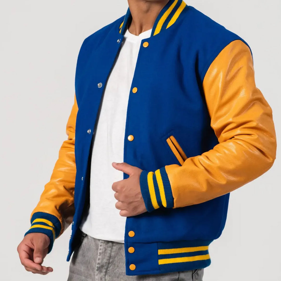 Bright Royal Body & Bright Gold Leather Sleeves Varsity Jacket