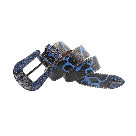Skull Buckle Black Strap with Blue Studs Rhinestone Belt-Belts-The Rhinestone Belts