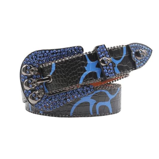Skull Buckle Black Strap with Blue Studs Rhinestone Belt-Belts-The Rhinestone Belts