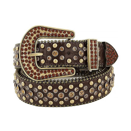 Brown Rhinestones with Gold Studs and Brown Textured Strap Rhinestone Belt-Belts-The Rhinestone Belts