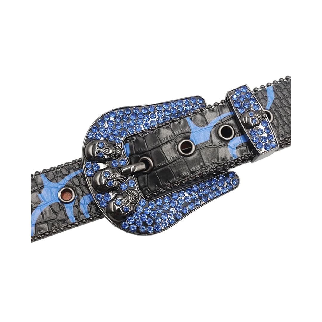 Skull Buckle Black Strap with Blue Studs Rhinestone Belt-Belts-The Rhinestone Belts
