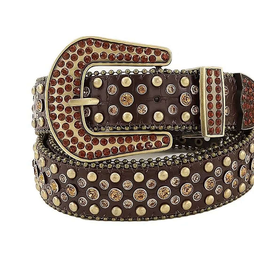 Brown Rhinestones with Gold Studs and Brown Textured Strap Rhinestone Belt-Belts-The Rhinestone Belts