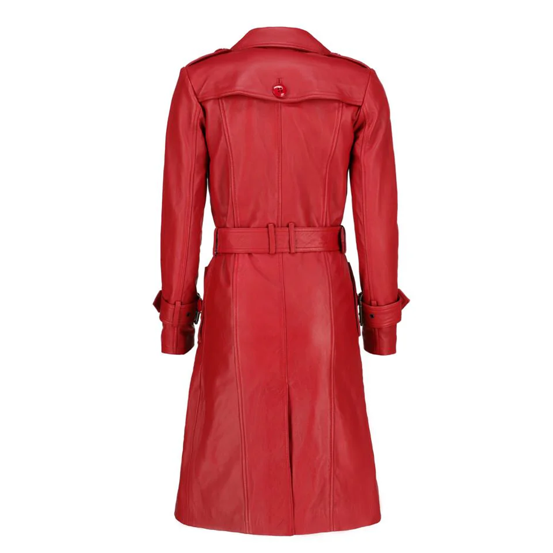 Women's Red Double Breasted Leather Trench Coat