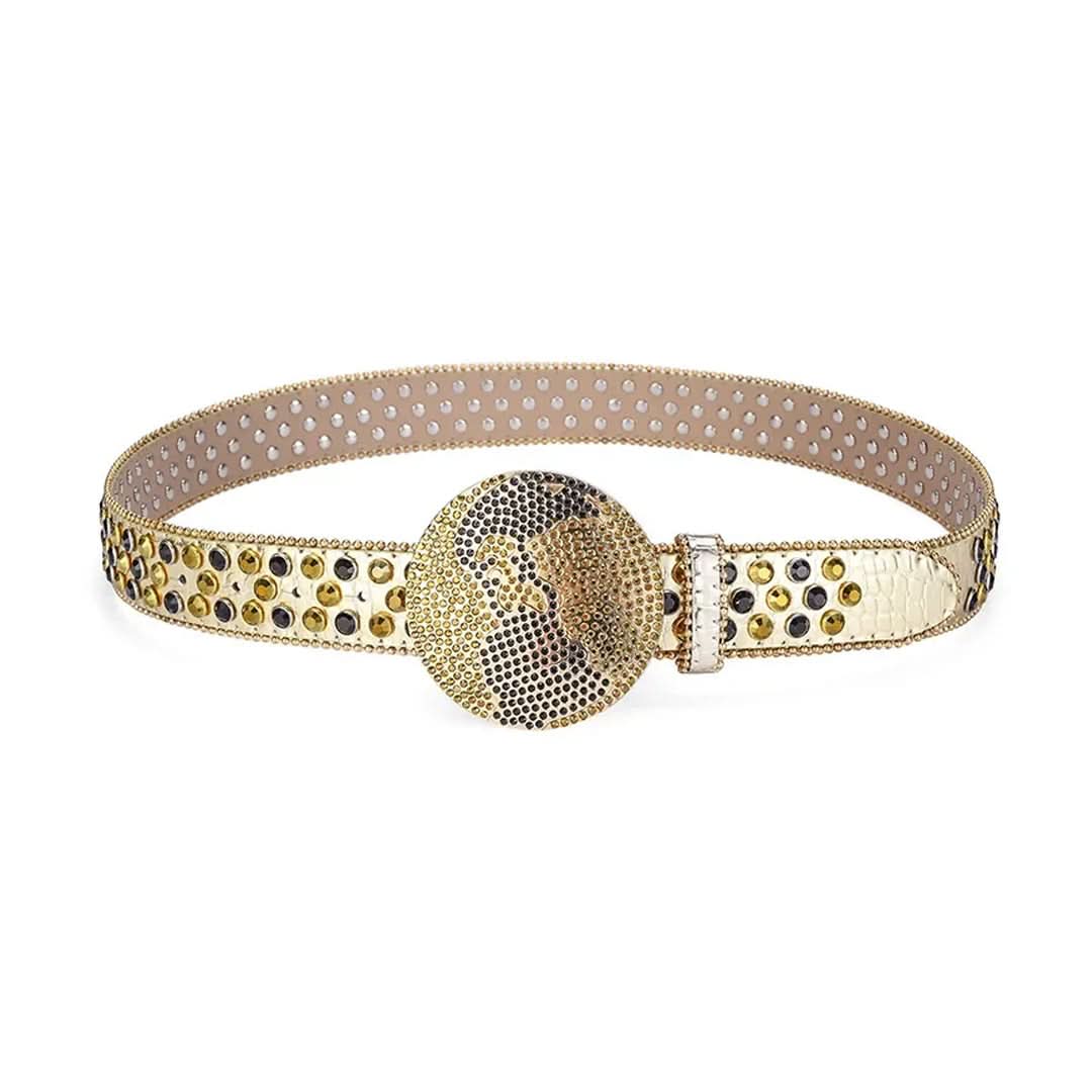 Globe Buckle with Gold and Black Studs Rhinestone Belt-Belts-The Rhinestone Belts