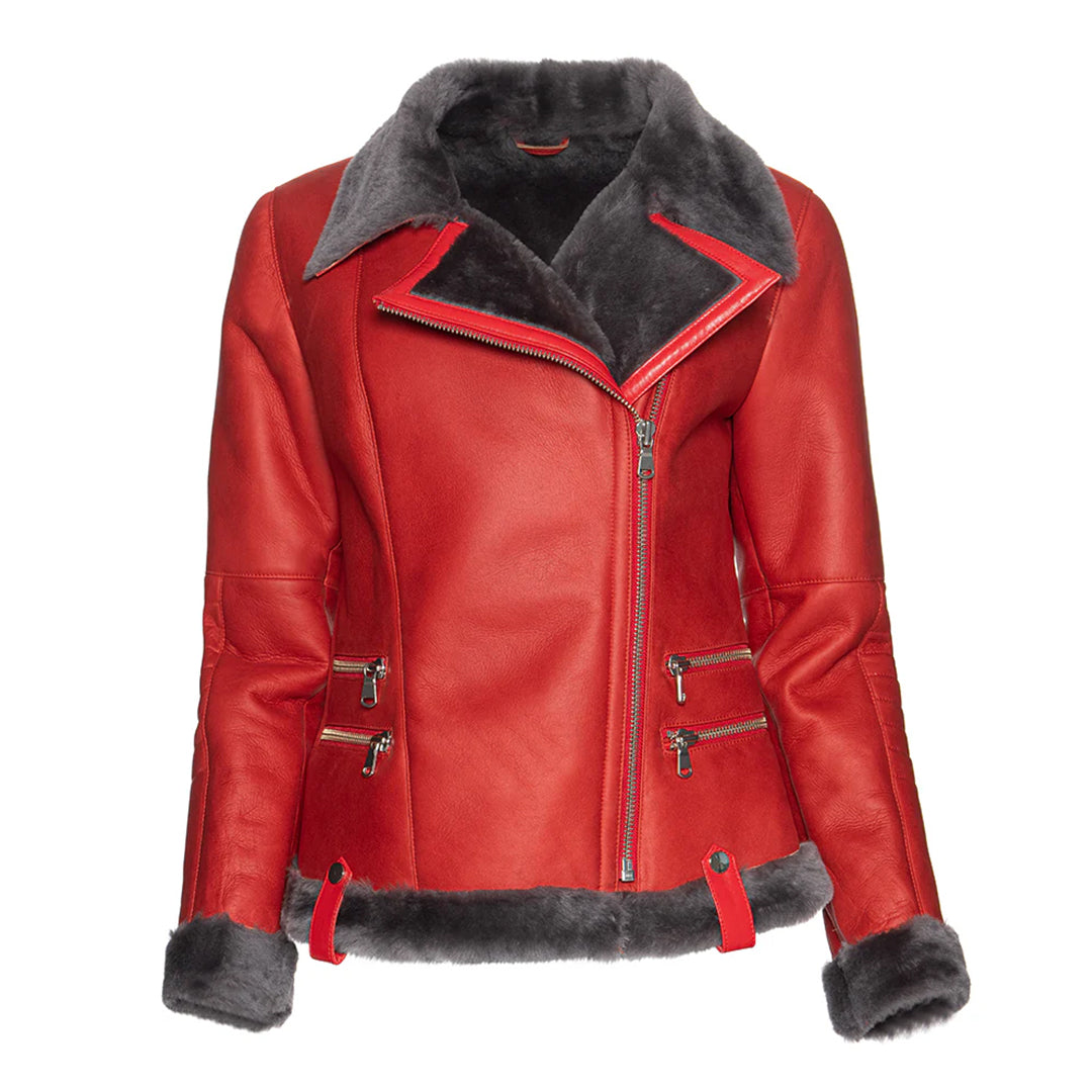 Women's Spanish Merino Faux Shearling Red Leather Jacket-Women Shearling Jacket-Wayne Leather Jackets