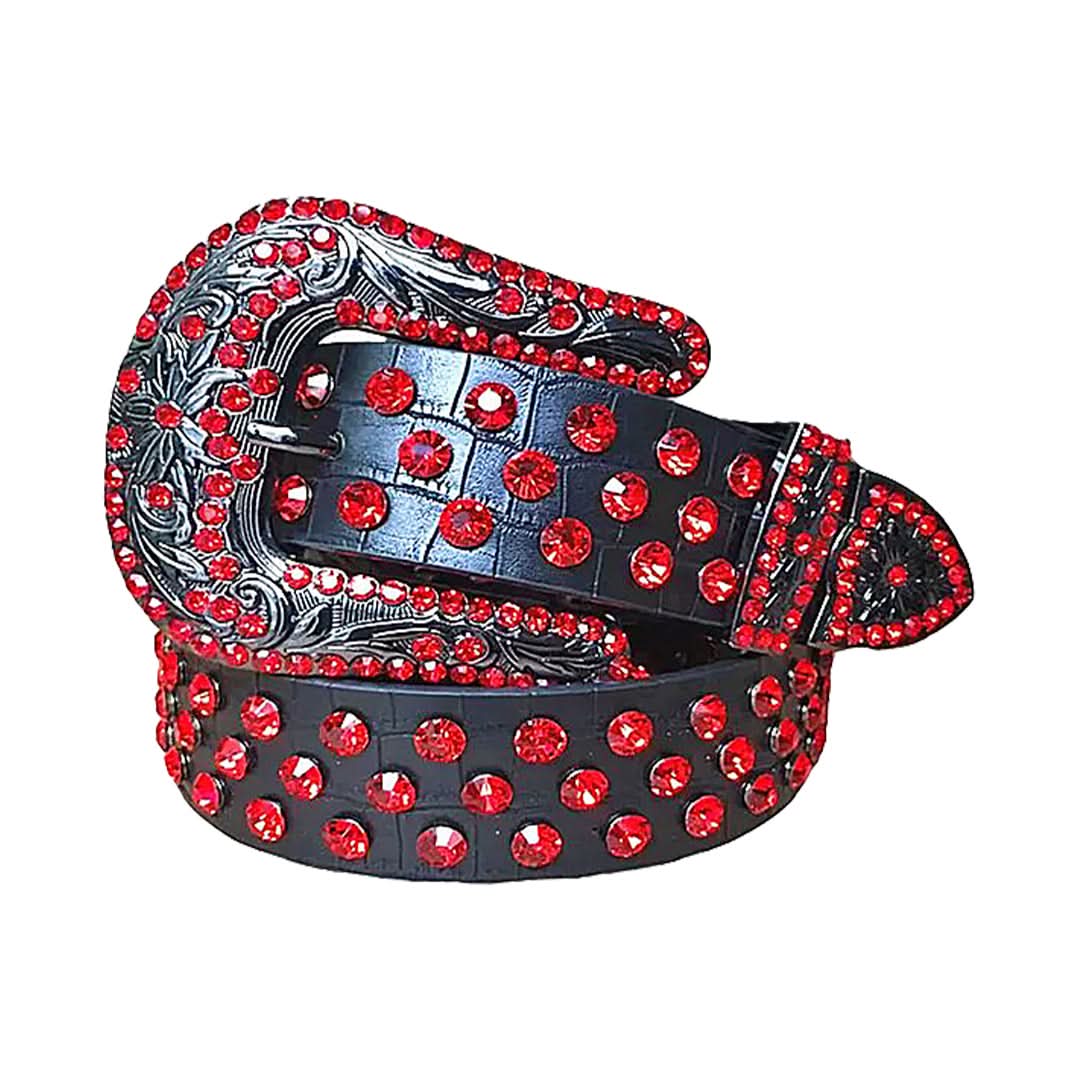 Red Rhinestones with Black Textured Strap Rhinestone Belt-Belts-The Rhinestone Belts