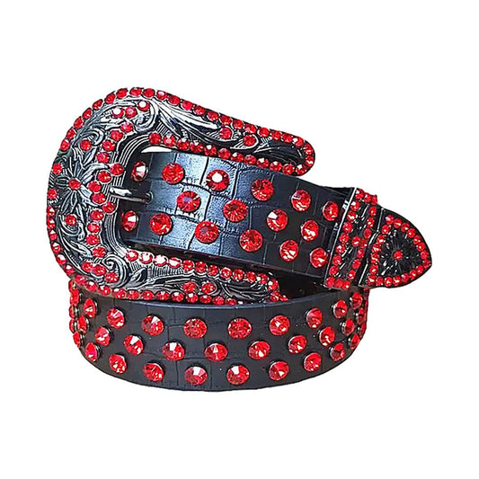 Red Rhinestones with Black Textured Strap Rhinestone Belt-Belts-The Rhinestone Belts