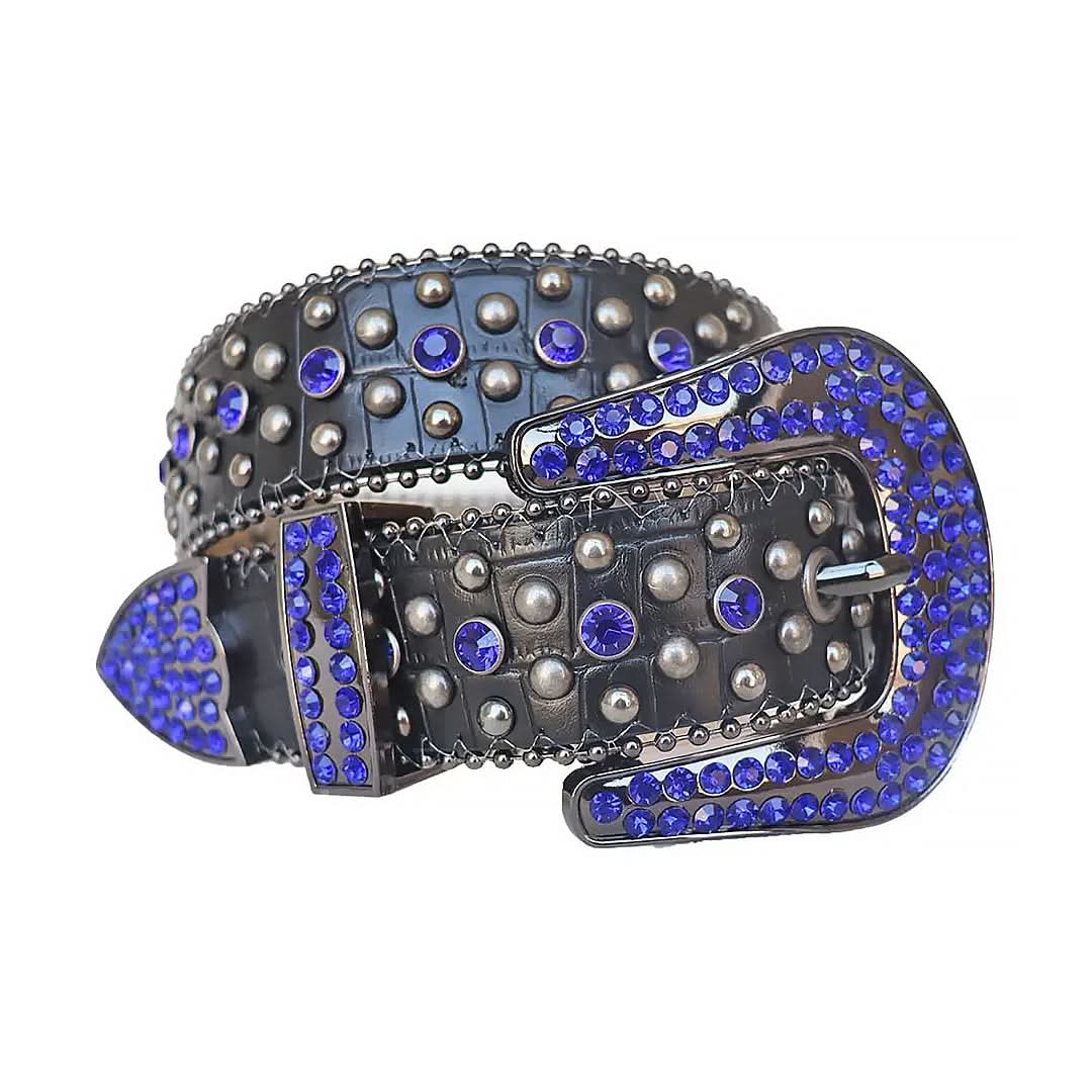 Blue Rhinestones with Silver Studs and Black Textured Strap Rhinestone Belt-Belts-The Rhinestone Belts