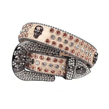 Skull Buckle Beige Strap with Brown and Crystal Studs Rhinestone Belt-Belts-The Rhinestone Belts