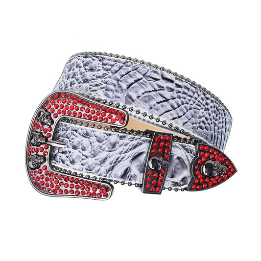 Red Rhinestones with Grey Textured Strap and Skull Buckles Rhinestone Belt-Belts-The Rhinestone Belts