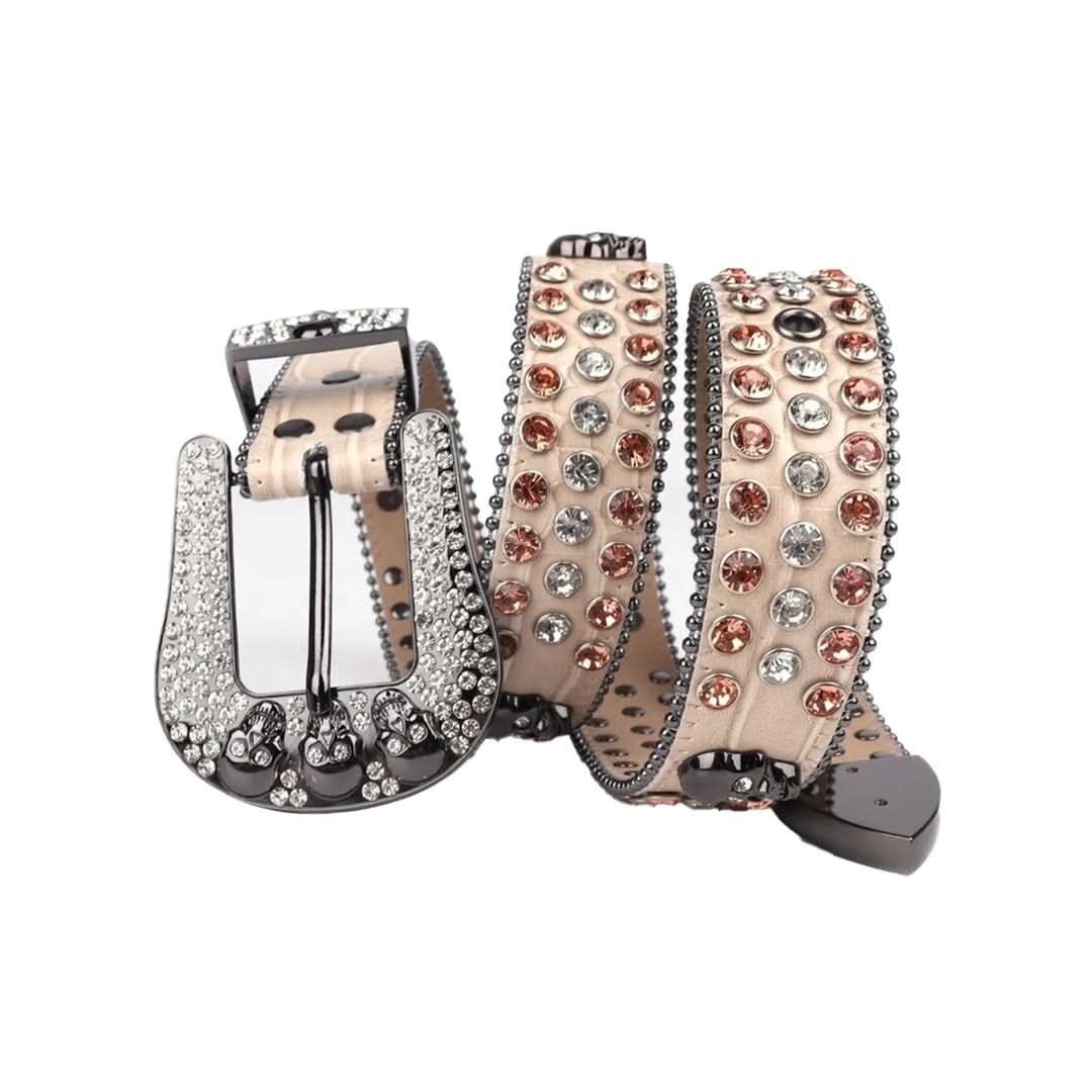Skull Buckle Beige Strap with Brown and Crystal Studs Rhinestone Belt-Belts-The Rhinestone Belts