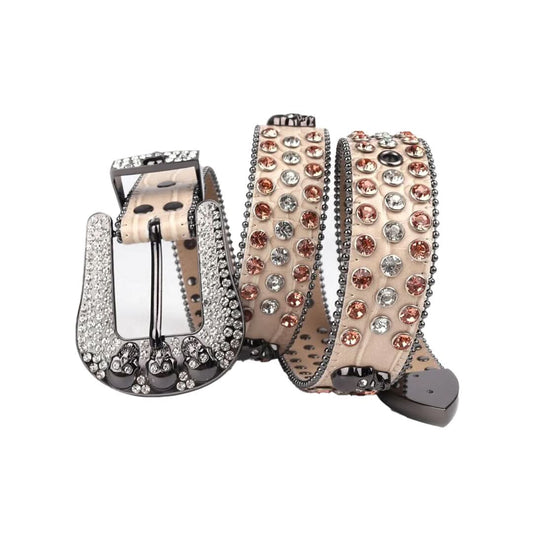Skull Buckle Beige Strap with Brown and Crystal Studs Rhinestone Belt-Belts-The Rhinestone Belts